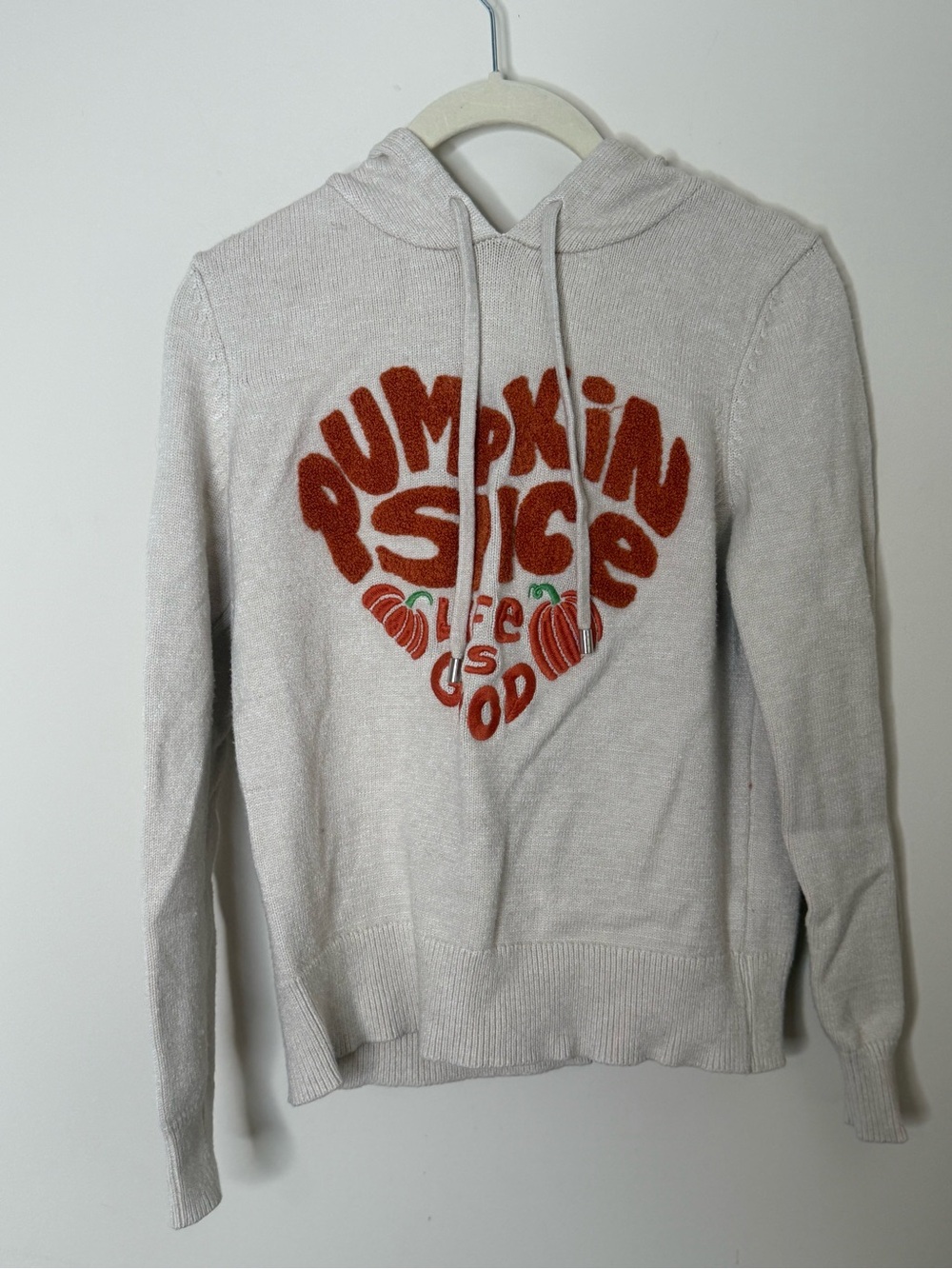 Life Is Good Ivory Hoodie Sweater with Orange Pumpkin Graphic